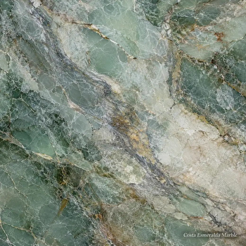 Costa Esmeralda Marble with soft emerald green stone, sage fields, cream clouds, gold accents and luminous polished depth.