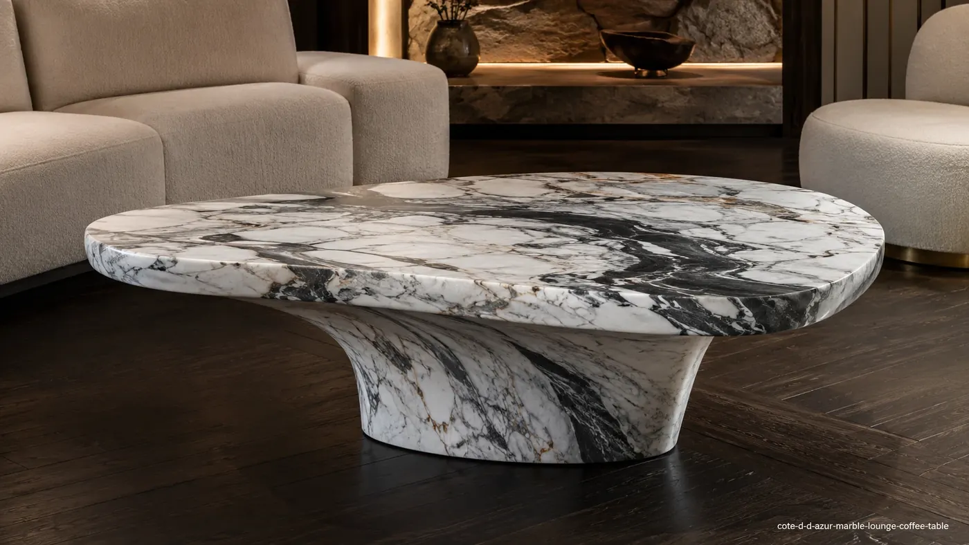 Cote d'Azur Marble lounge coffee table with white-grey stone, bold charcoal veins and small rust accents.