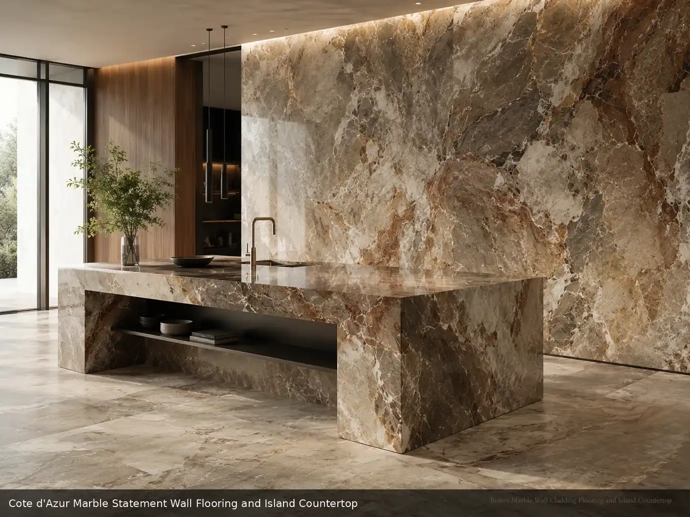sophisticated cool toned stone across statement wall, floor and island countertop, with realistic veining and soft daylight.