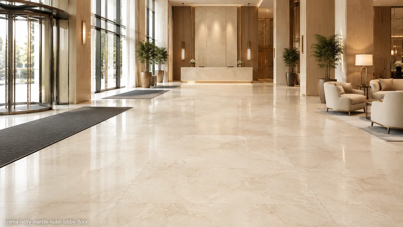 Crema Ivory Marble hotel lobby floor with honed creamy-beige slabs and subtle pink, taupe and grey undertones.