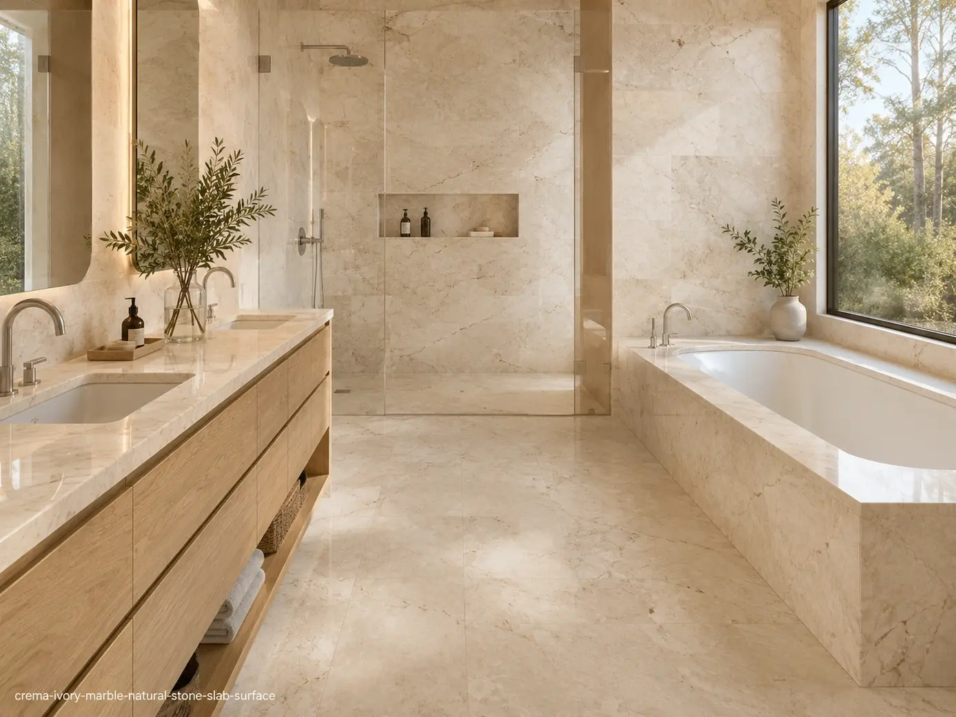Subtle beige mineral texture across a bathroom vanity, tub surround, shower and flooring with fine soft grey-brown movement.