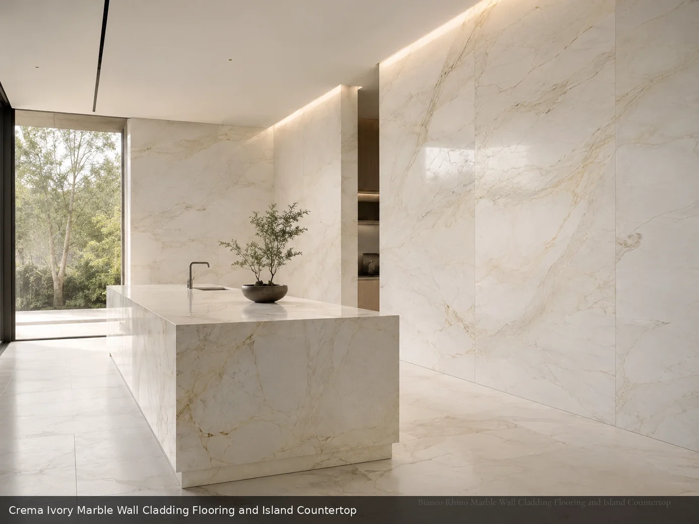 serene interior feature stone across wall cladding, floor and island countertop, with natural veining in a refined interior.