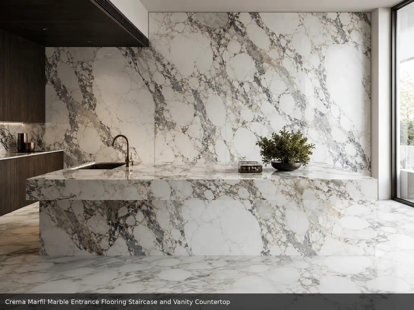timeless interior feature stone on entrance floor, staircase and vanity countertop, with realistic veining and soft daylight.