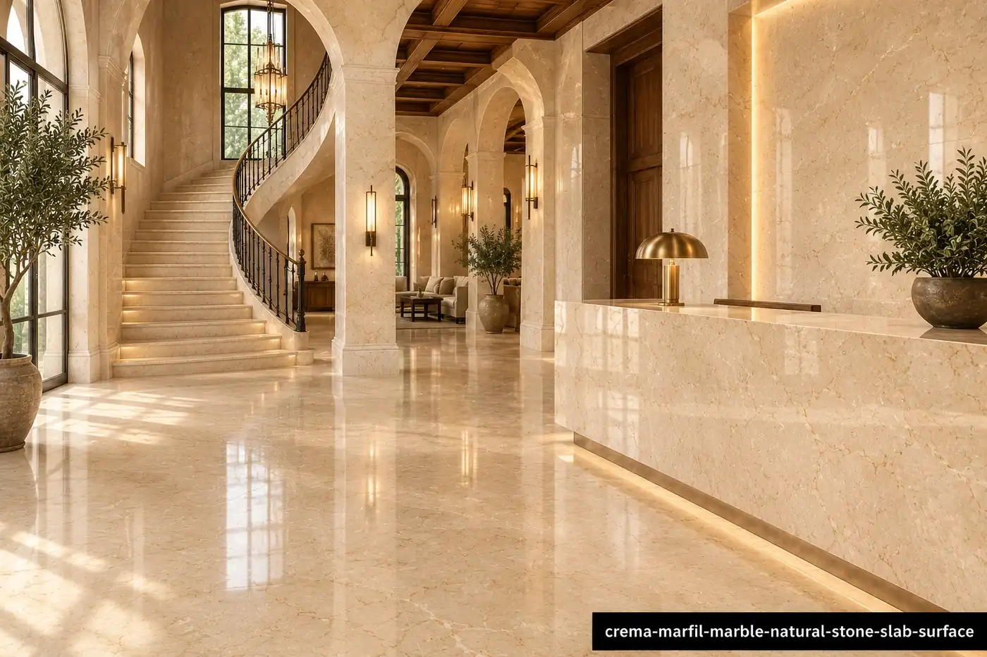 Subtle fossil mineral texture across hotel lobby flooring, wall cladding, staircase and reception desk with warm ivory depth.