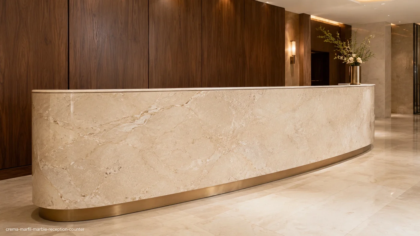 Crema Marfil Marble reception counter with ivory-beige stone, delicate cinnamon veins and subtle fossil details.