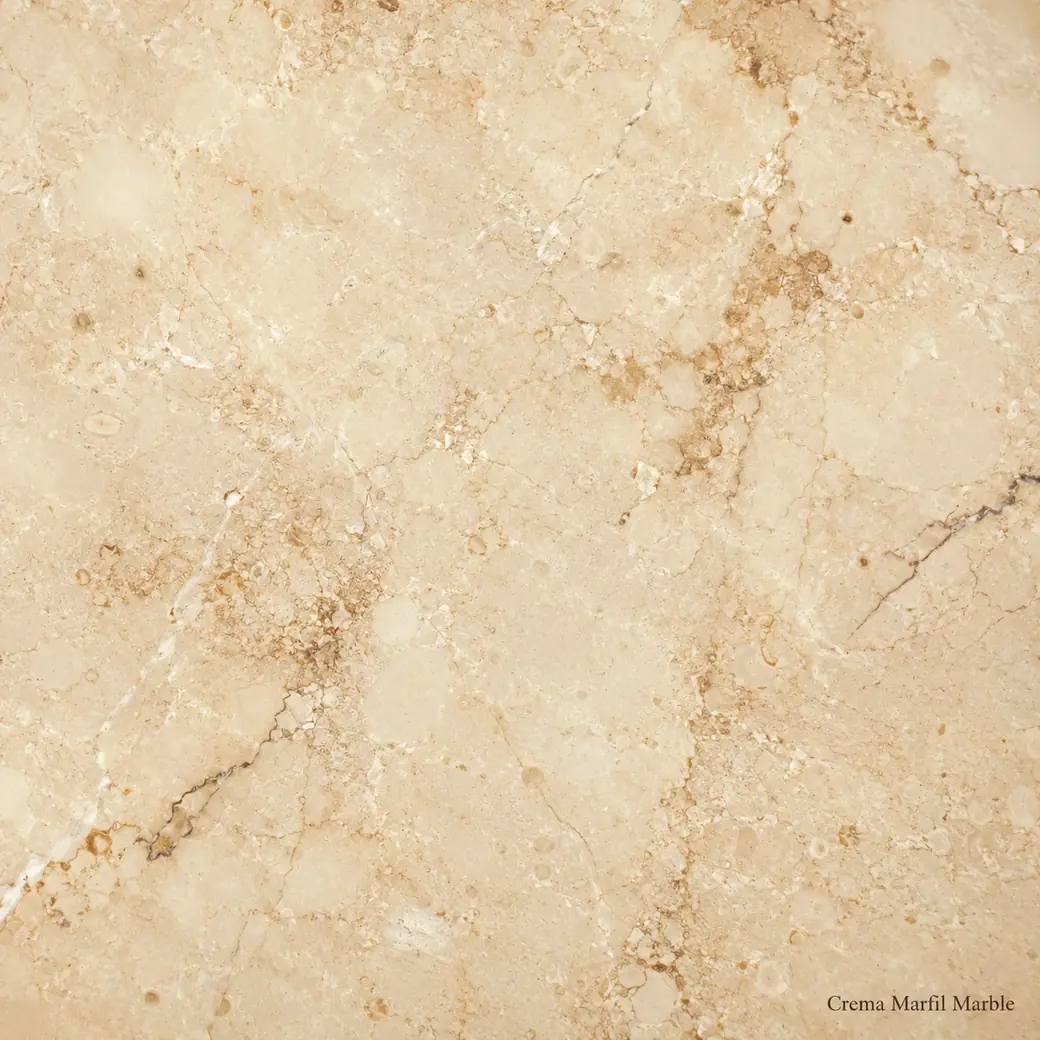 Crema Marfil Marble with classic Spanish cream stone, honey clouds, cinnamon veins, fossils and a luminous polished finish.