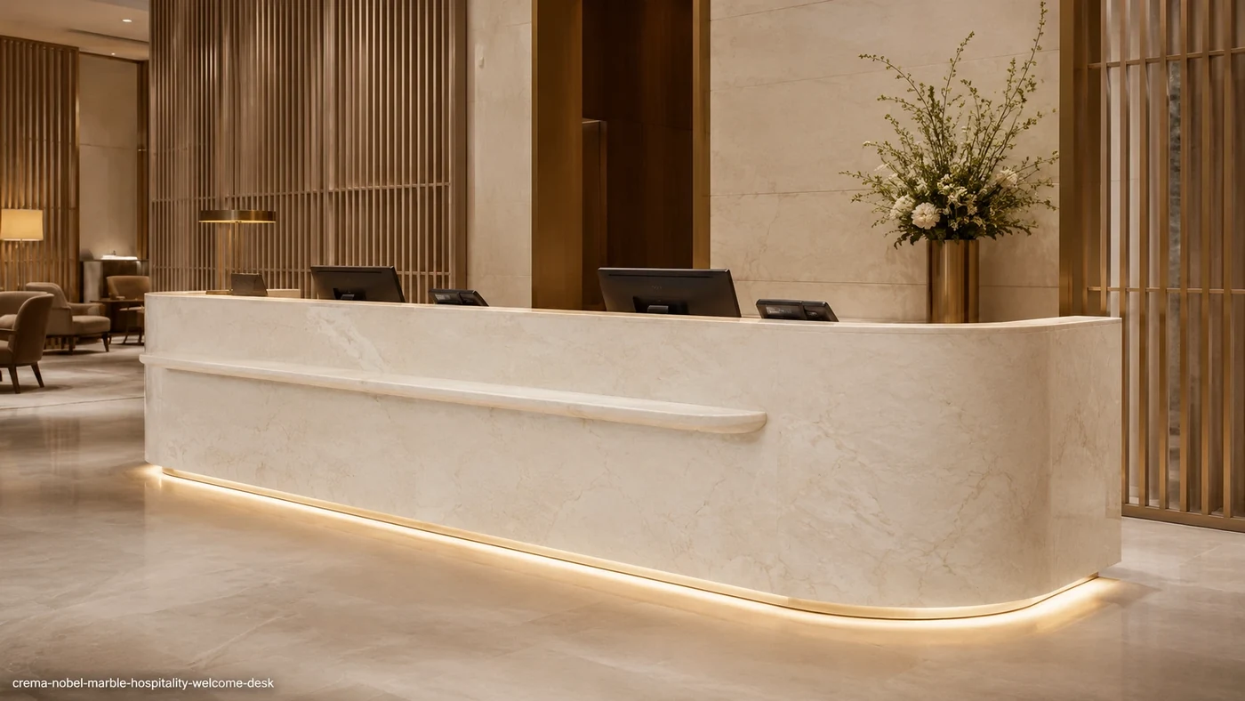 Crema Nobel Marble hospitality welcome desk with calm creamy-beige stone and minimal grey veining.