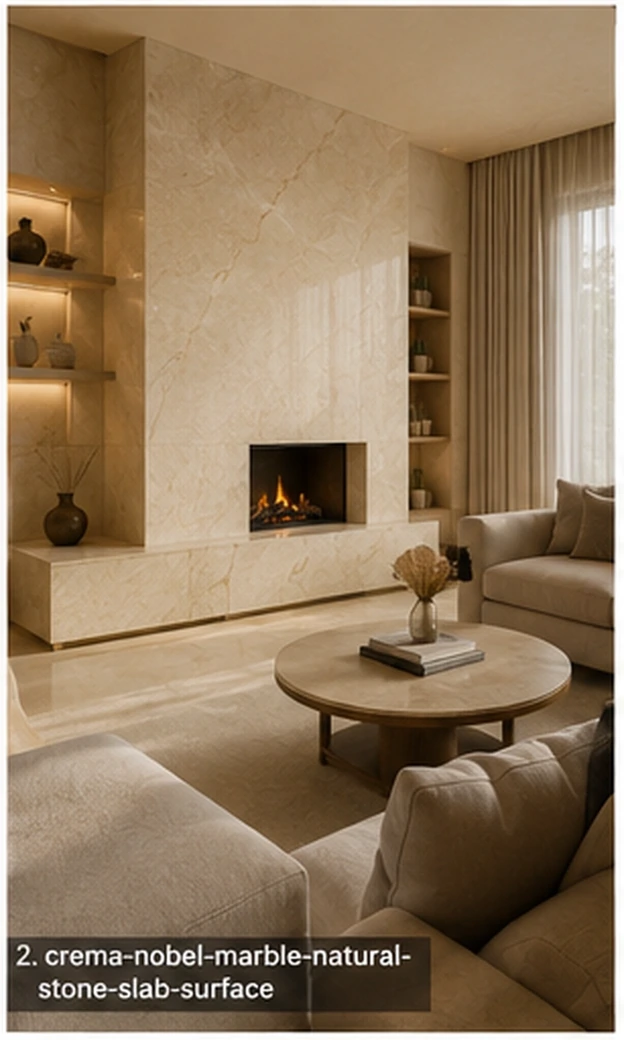 Elegant neutral architectural slab on a modern fireplace, console, wall panels and flooring with calm creamy beige movement.