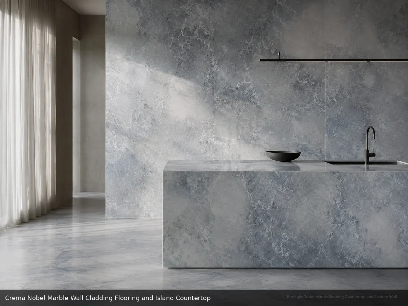 graceful ivory decorative stone across wall cladding, floor and island countertop, with realistic veining and soft daylight.