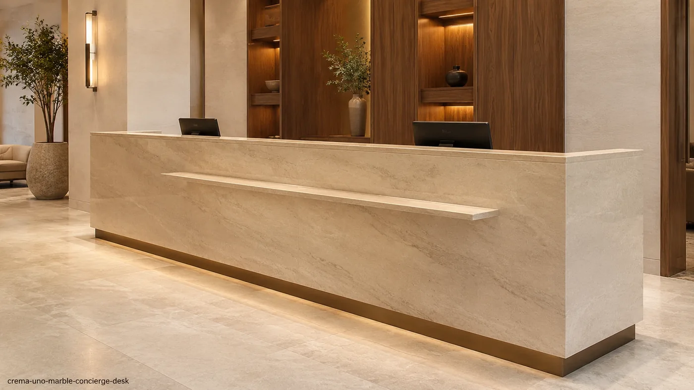 Crema UNO Marble concierge desk with uniform cream stone, fine ivory lines and soft beige-grey clouds.