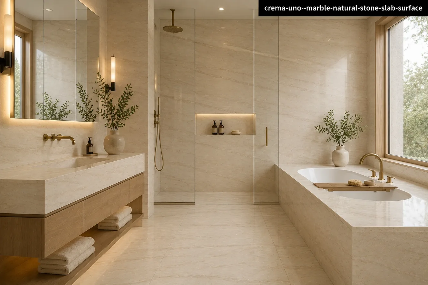 Elegant low movement slab across a bathroom vanity, shower walls, tub surround and flooring with soft cream and beige tones.
