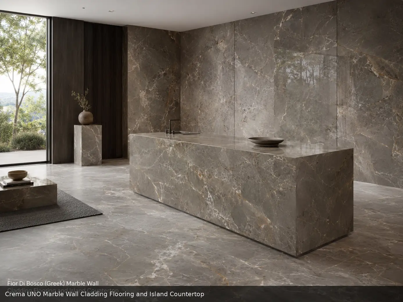premium contemporary surface across wall cladding, floor and island countertop, with natural veining in a refined interior.