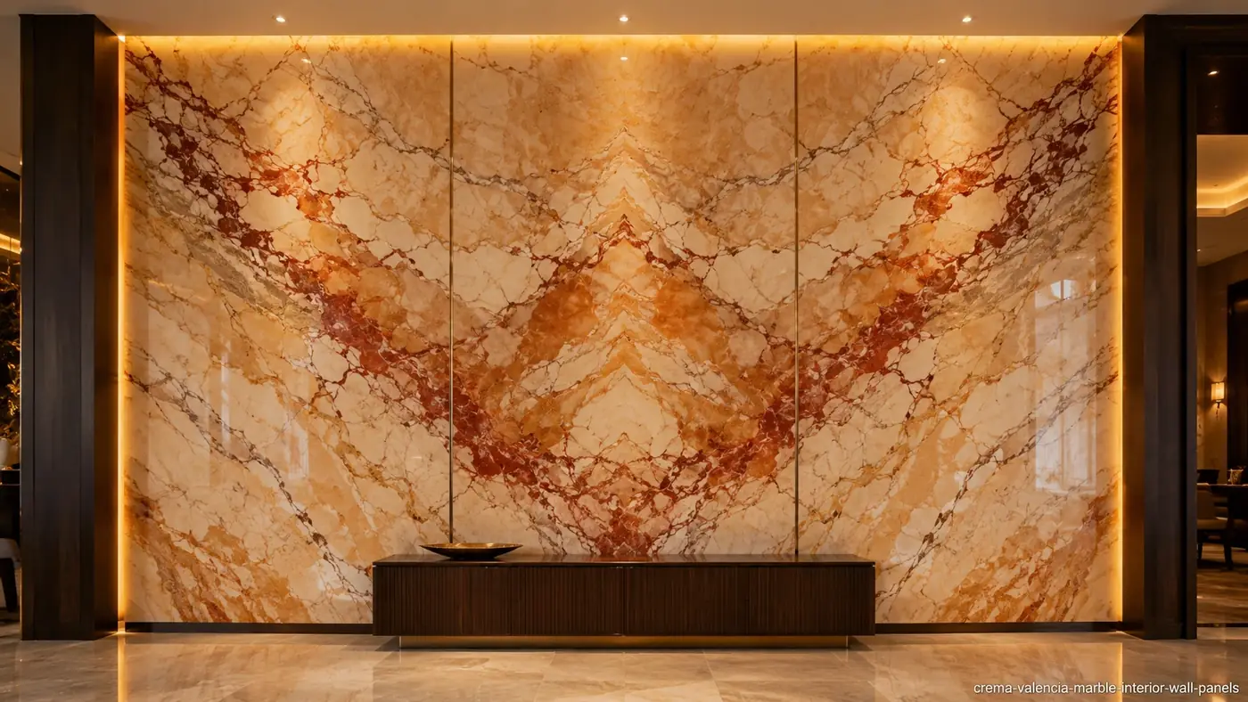 Crema Valencia Marble interior wall panels with creamy orange stone, rust-red veins and golden-yellow movement.