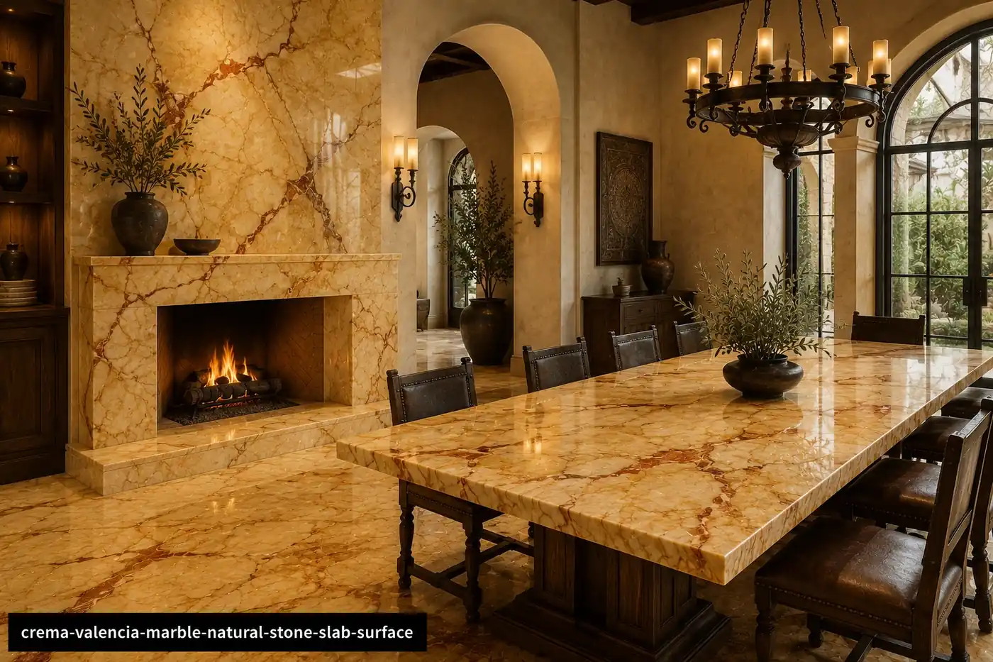 Mediterranean architectural slab on a dining feature wall, fireplace and table with golden cream, rust and ochre veining.