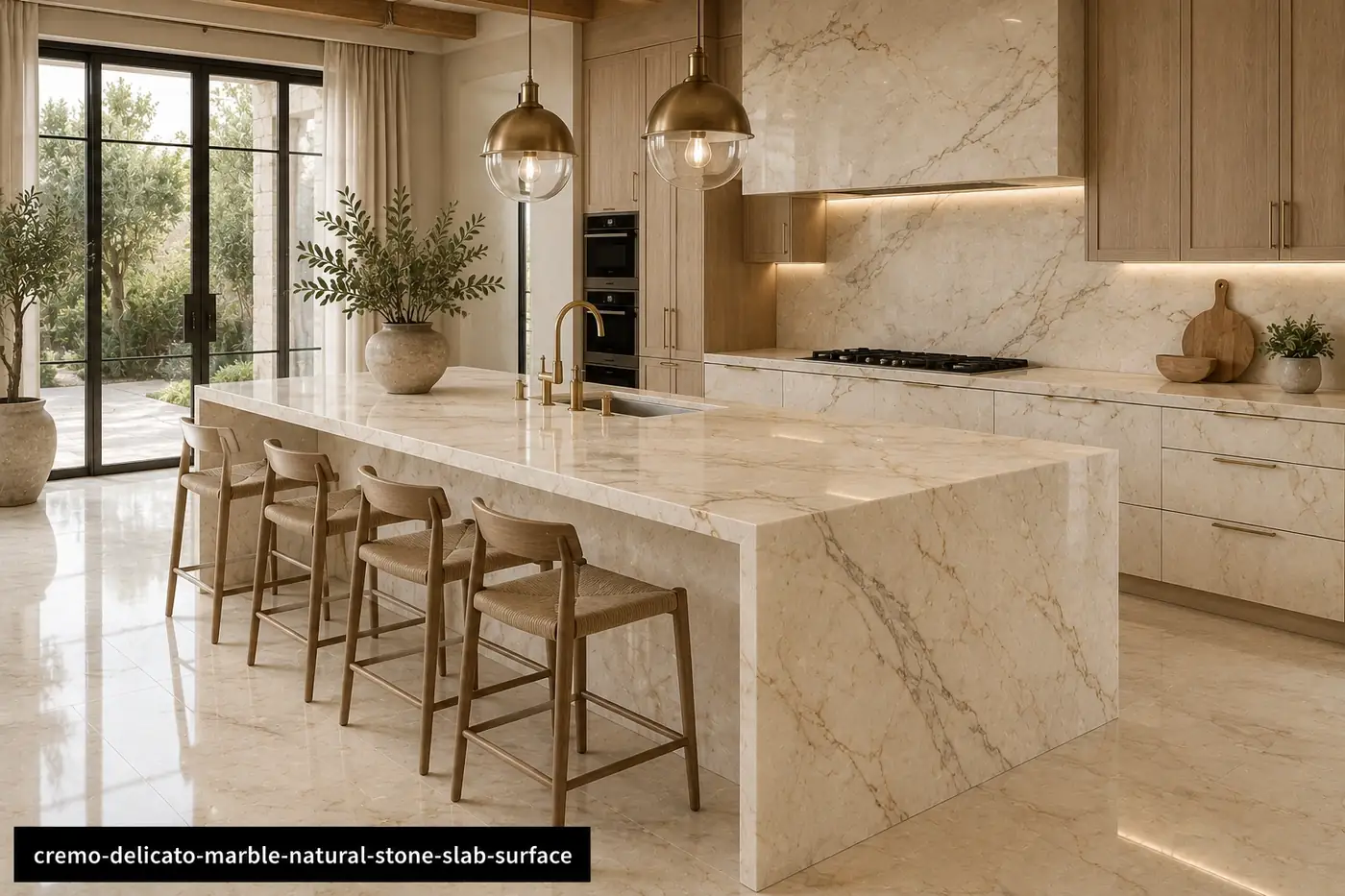 Refined low contrast slab on a kitchen island, backsplash and countertops with creamy white and delicate grey-gold veins.