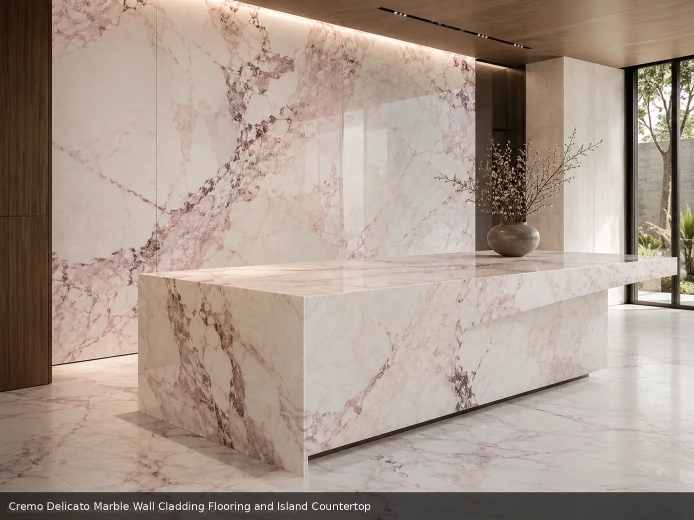 sophisticated neutral feature surface on wall panels, floor and island countertop, with realistic veining and soft daylight.