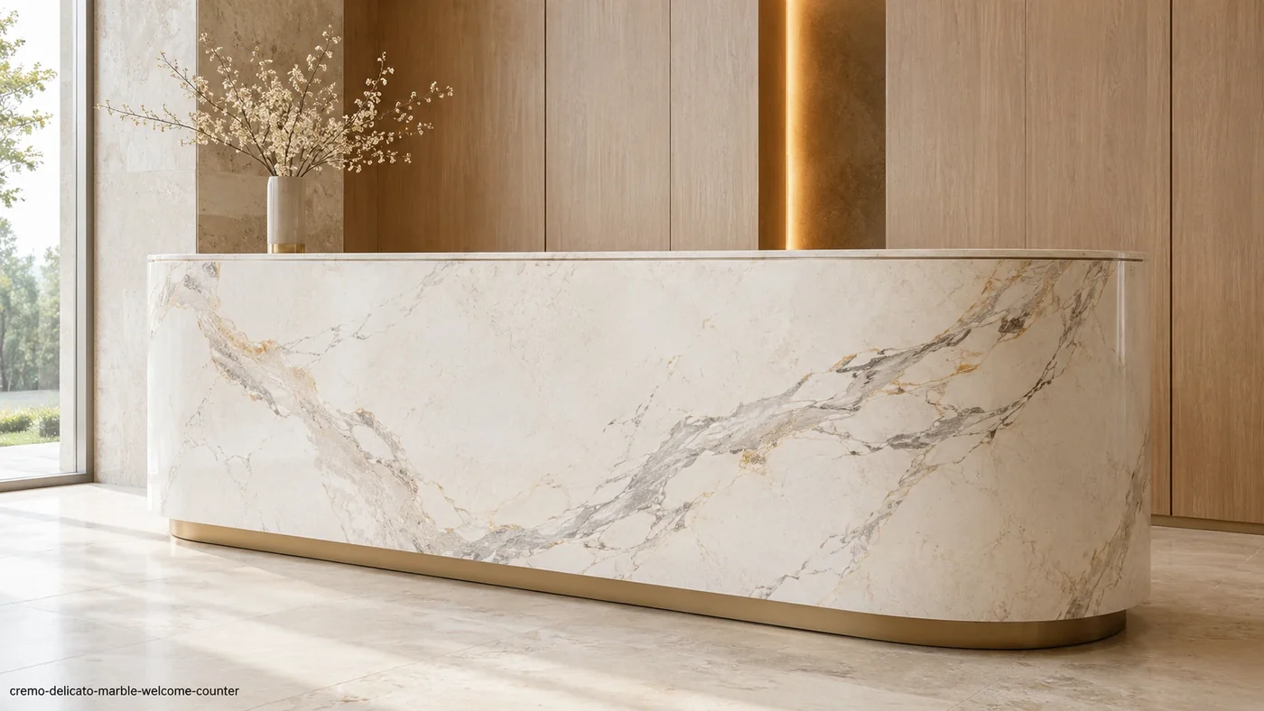 Cremo Delicato Marble welcome counter with creamy white stone and delicate grey, beige and pale-gold veins.