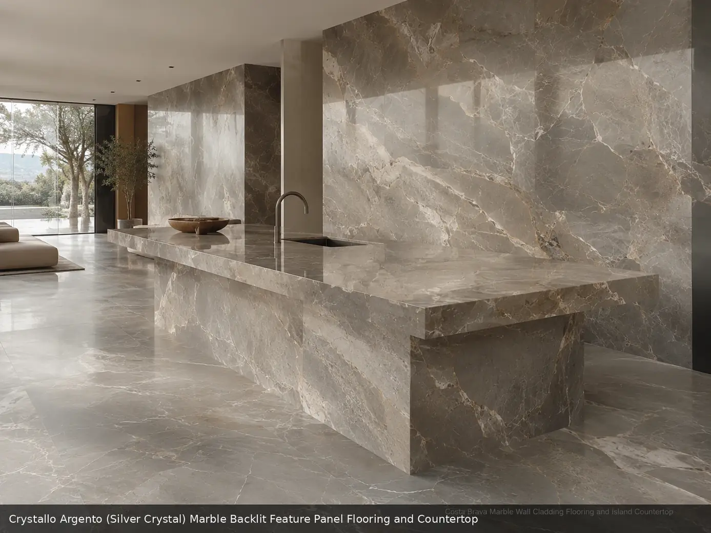 elegant metallic mineral texture across backlit panel, floor and countertop, with natural veining in a refined interior.