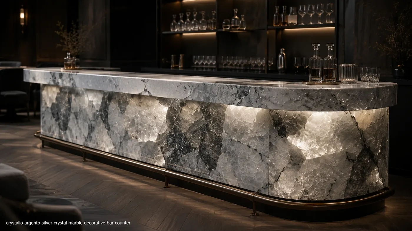 Crystallo Argento Silver Crystal Marble bar counter with icy white crystals, silver clouds and graphite veins.