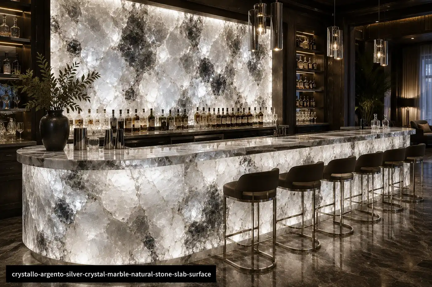 Luminous luxury slab on a backlit hotel bar wall and curved counter with icy silver, smoky charcoal and crystalline depth.