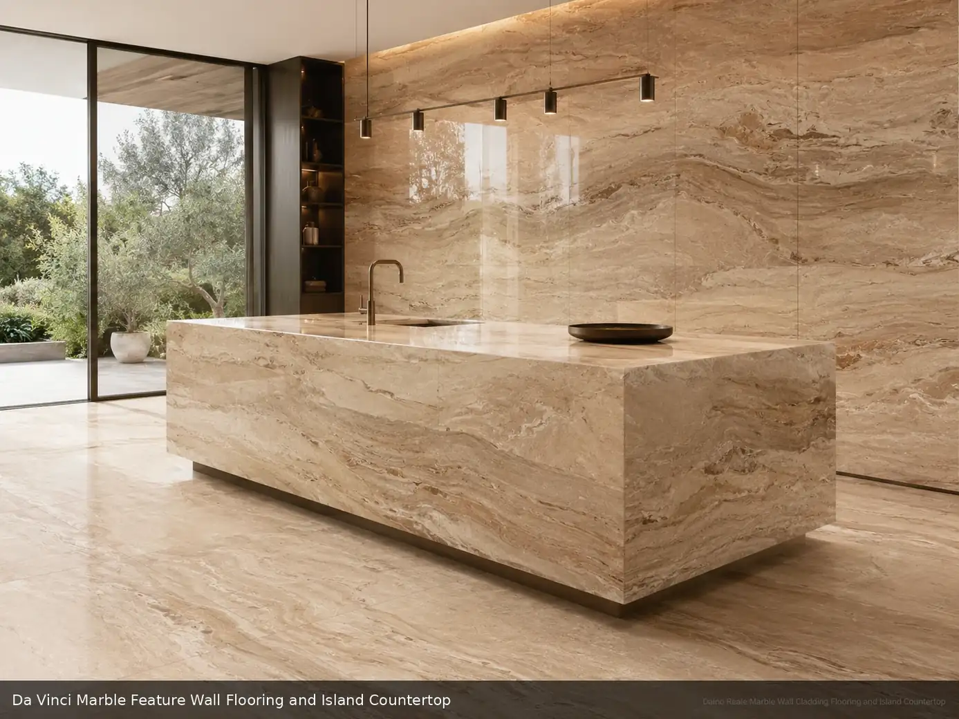 premium gallery style cladding across feature wall, floor and island countertop, with natural veining in a refined interior.