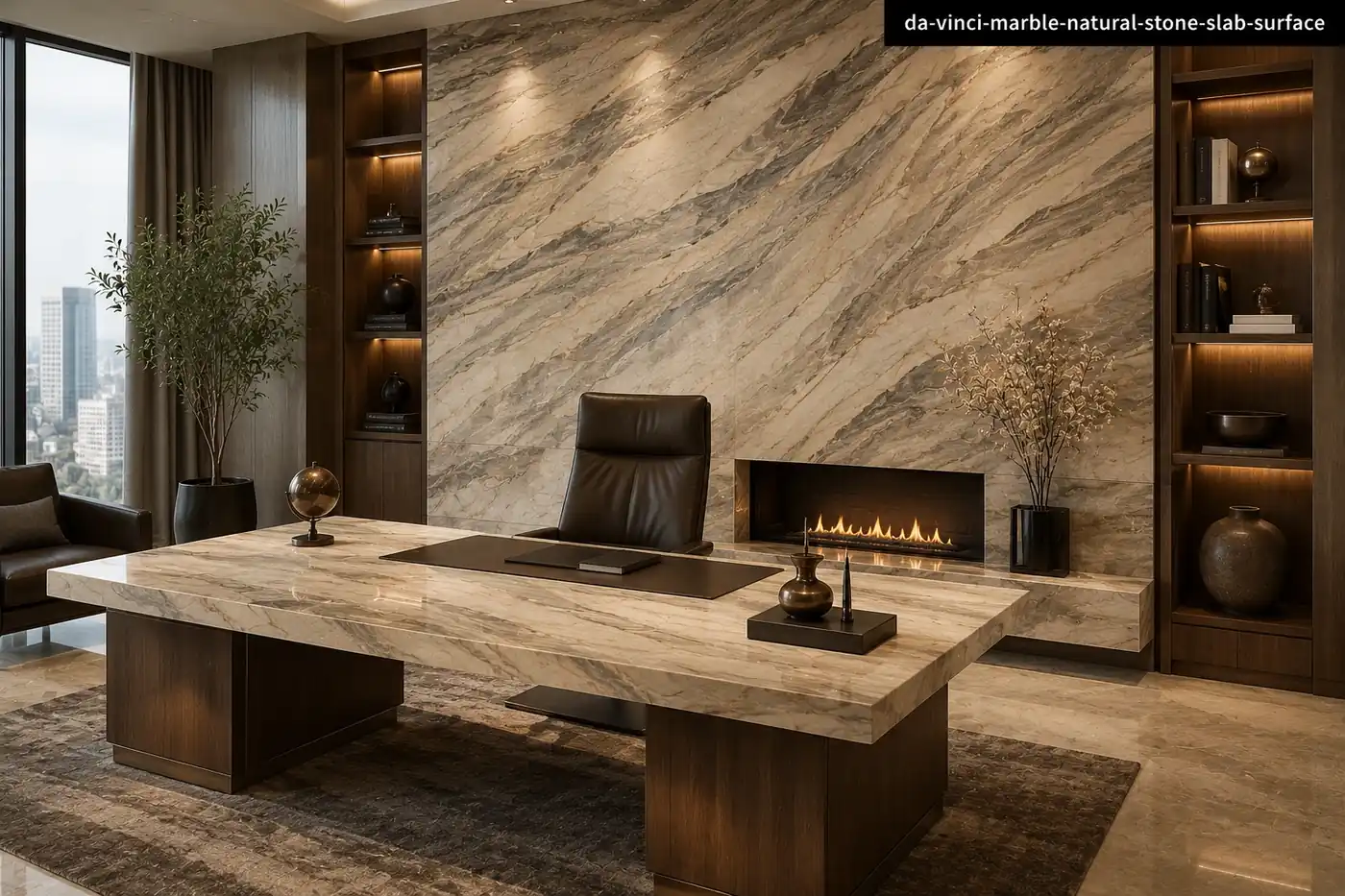Dramatic painterly mineral pattern on an office wall, desk and fireplace with rich beige, grey and muted-gold brushstrokes.