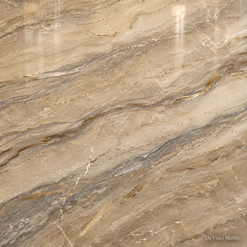Da Vinci Marble with artistic flowing vein stone, warm beige fields, grey streaks, pale mineral lines and polished depth.