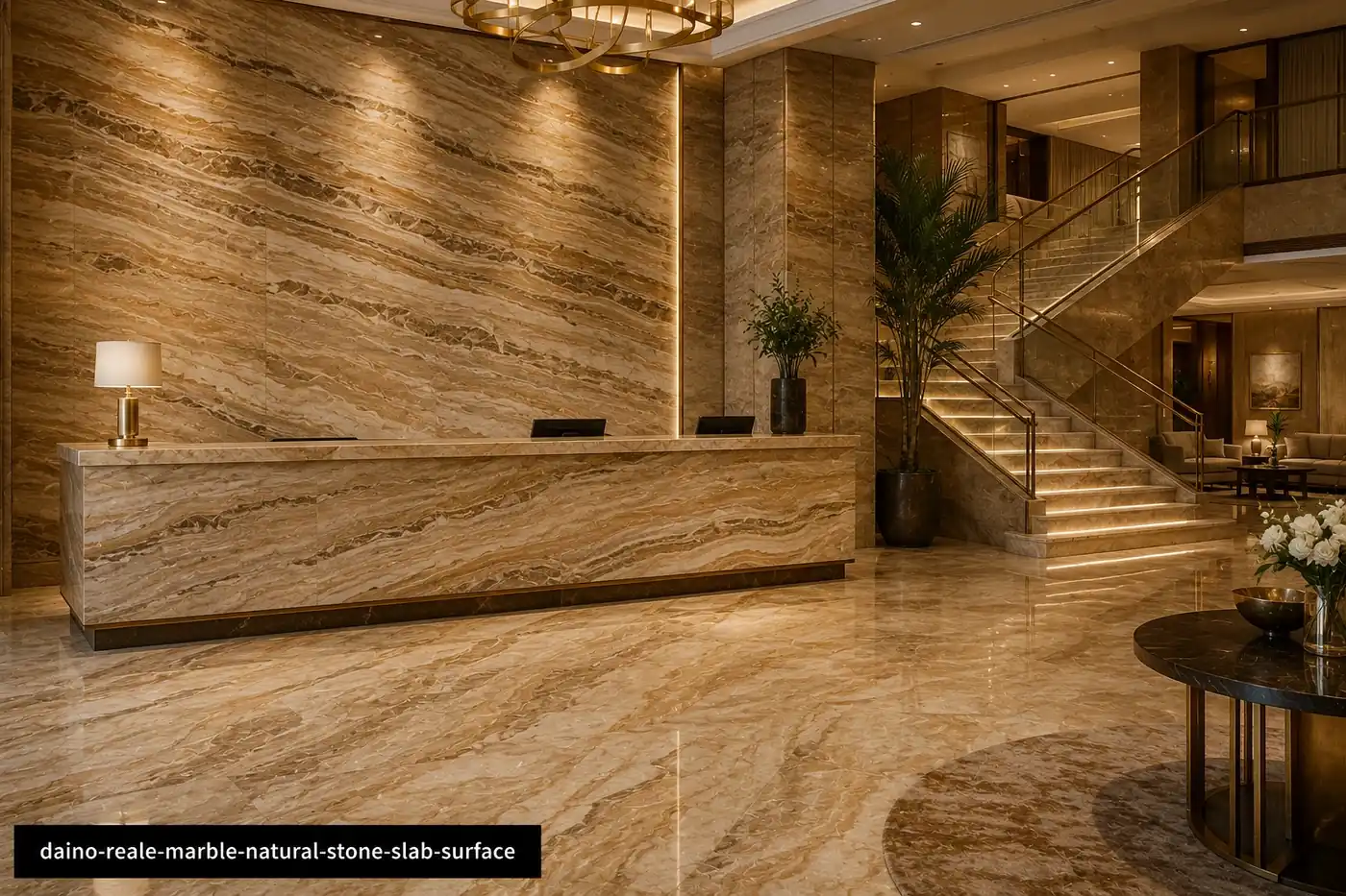 Elegant Sardinian architectural slab on lobby walls, reception counter, staircase and floor with honey-brown layered bands.