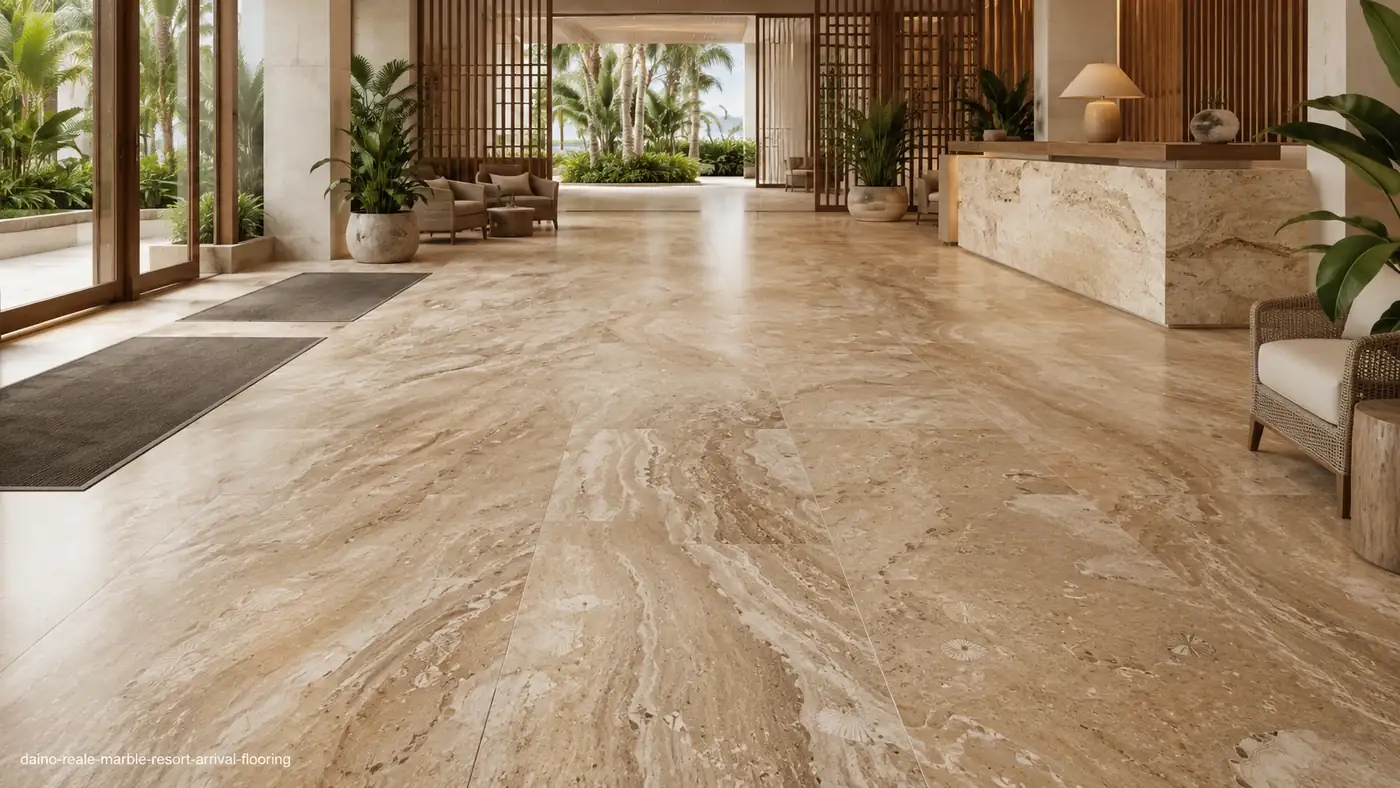 Daino Reale Marble resort arrival flooring with honed honey-beige slabs and flowing cream and caramel bands.