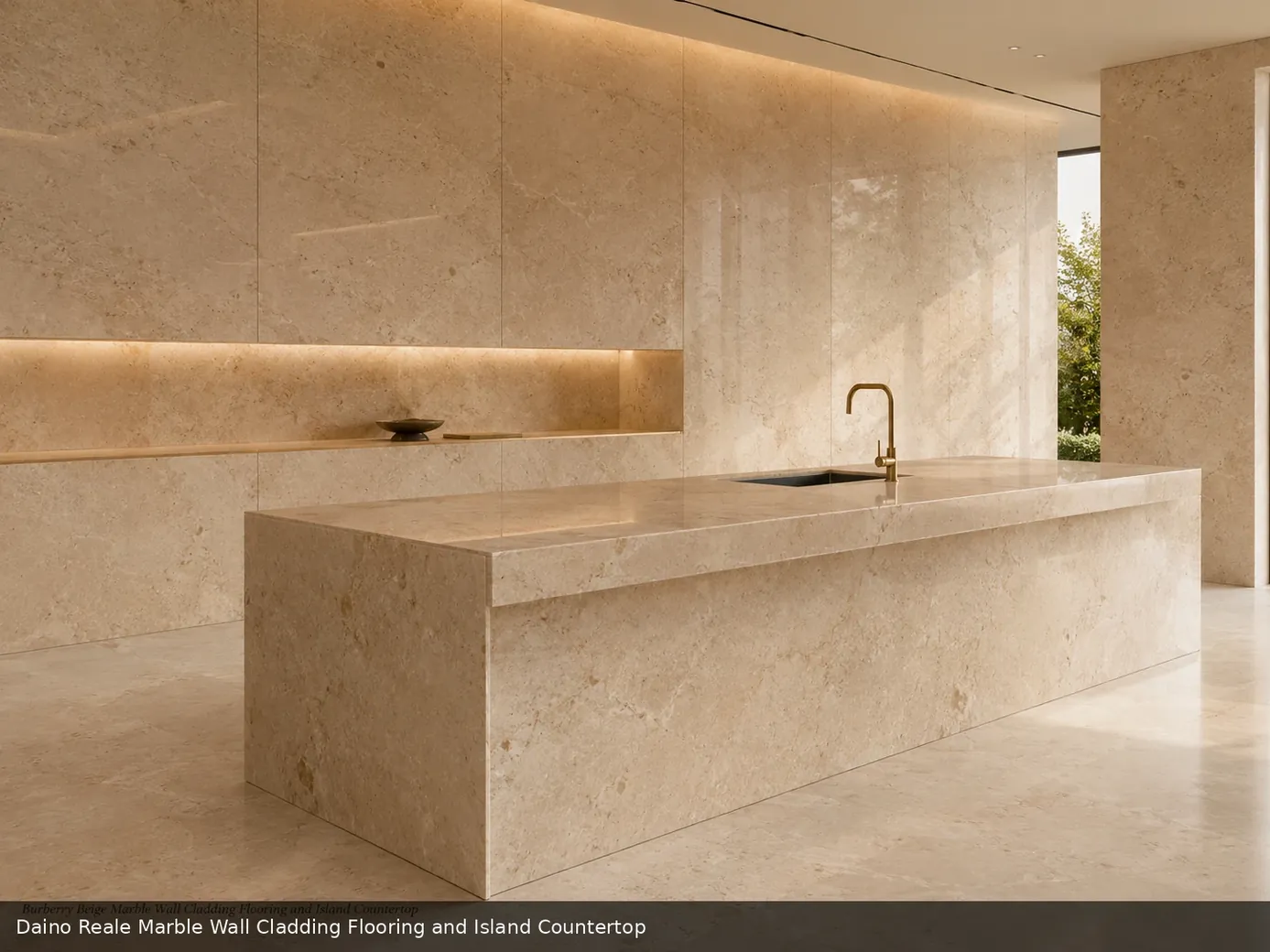 graceful earthy movement across wall cladding, floor and island countertop, with natural movement in a refined interior.
