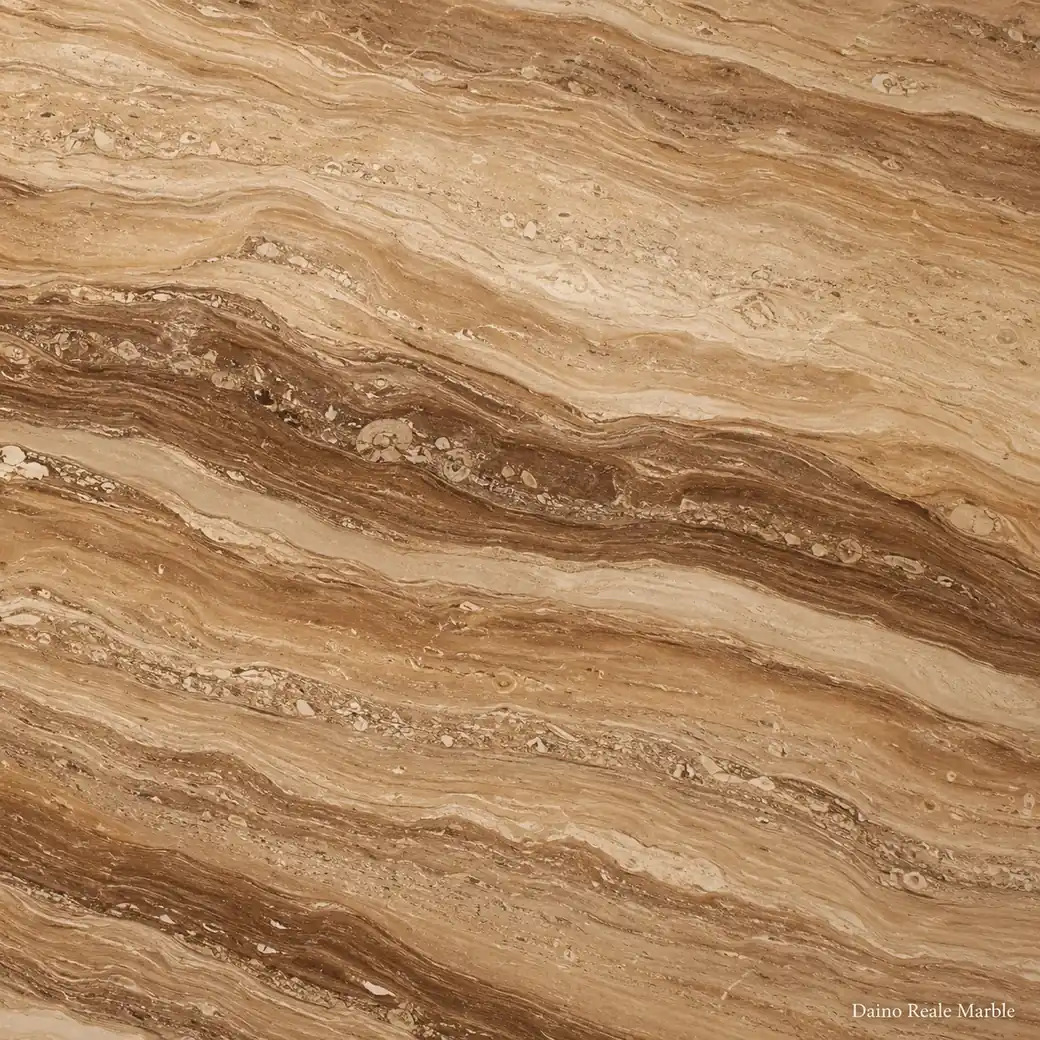 Daino Reale Marble with warm beige layered stone, honey ribbons, caramel waves, natural fossil marks and polished depth.