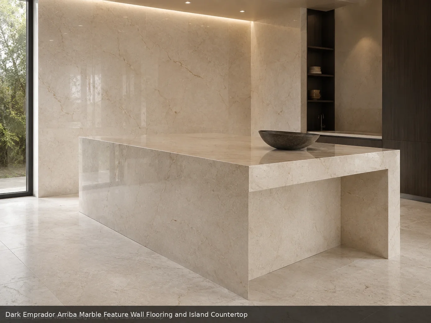refined Spanish feature stone across feature wall, floor and island countertop, with natural veining in a refined interior.