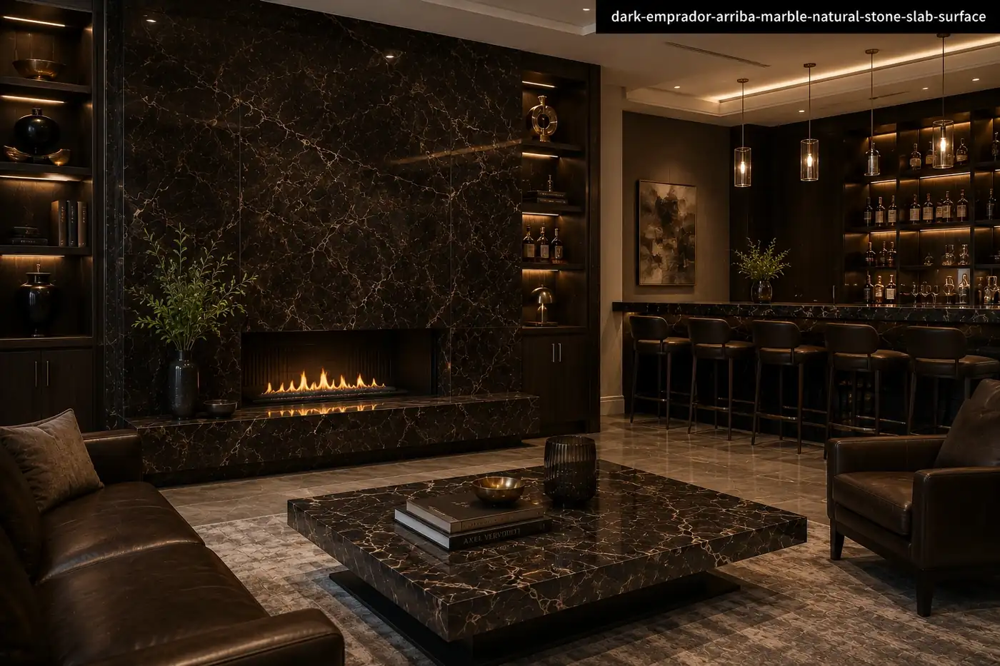 Premium dark architectural slab on a lounge fireplace, hearth, bar counter and wall panels with rich deep espresso veining.