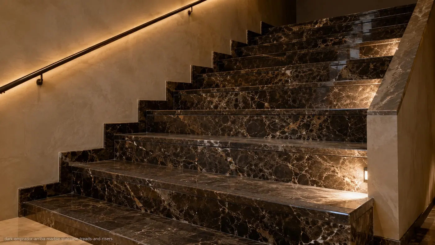 Dark Emprador Arriba Marble staircase with espresso treads, cream veining and discreet anti-slip inserts.