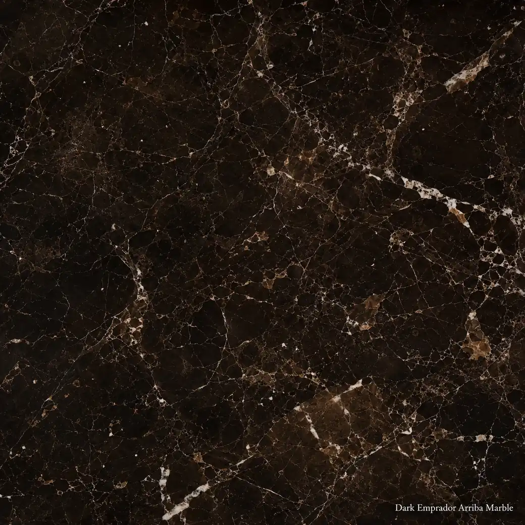 Dark Emprador Arriba Marble with deep espresso brown stone, fine beige veins, calcite marks and a deep rich polished finish.