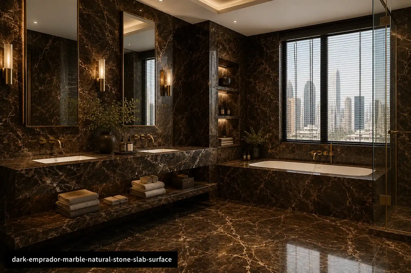 Deep warm luxury surface across a bathroom vanity wall, countertop, tub surround and flooring with chocolate and cream veins.