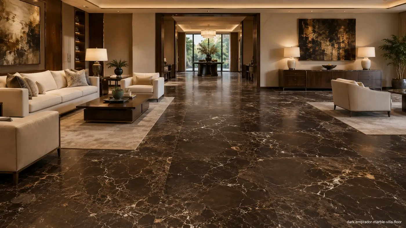 Dark Emprador Marble villa floor with deep chocolate stone and irregular cream, white and gold veining.