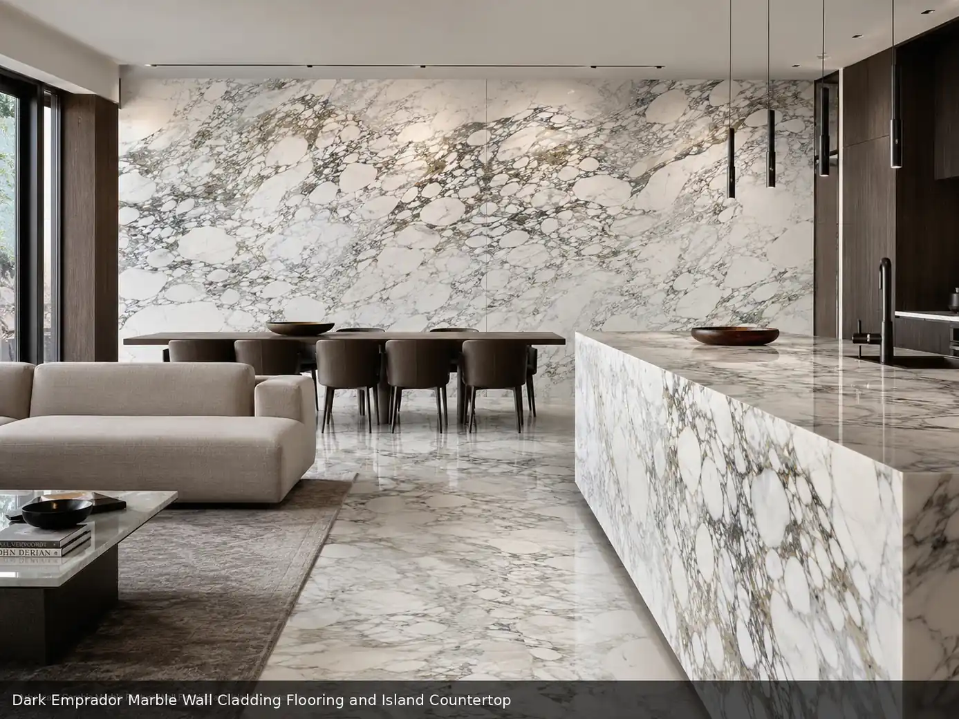 sophisticated coffee toned stone across wall cladding, floor and island countertop, with realistic veining and soft daylight.