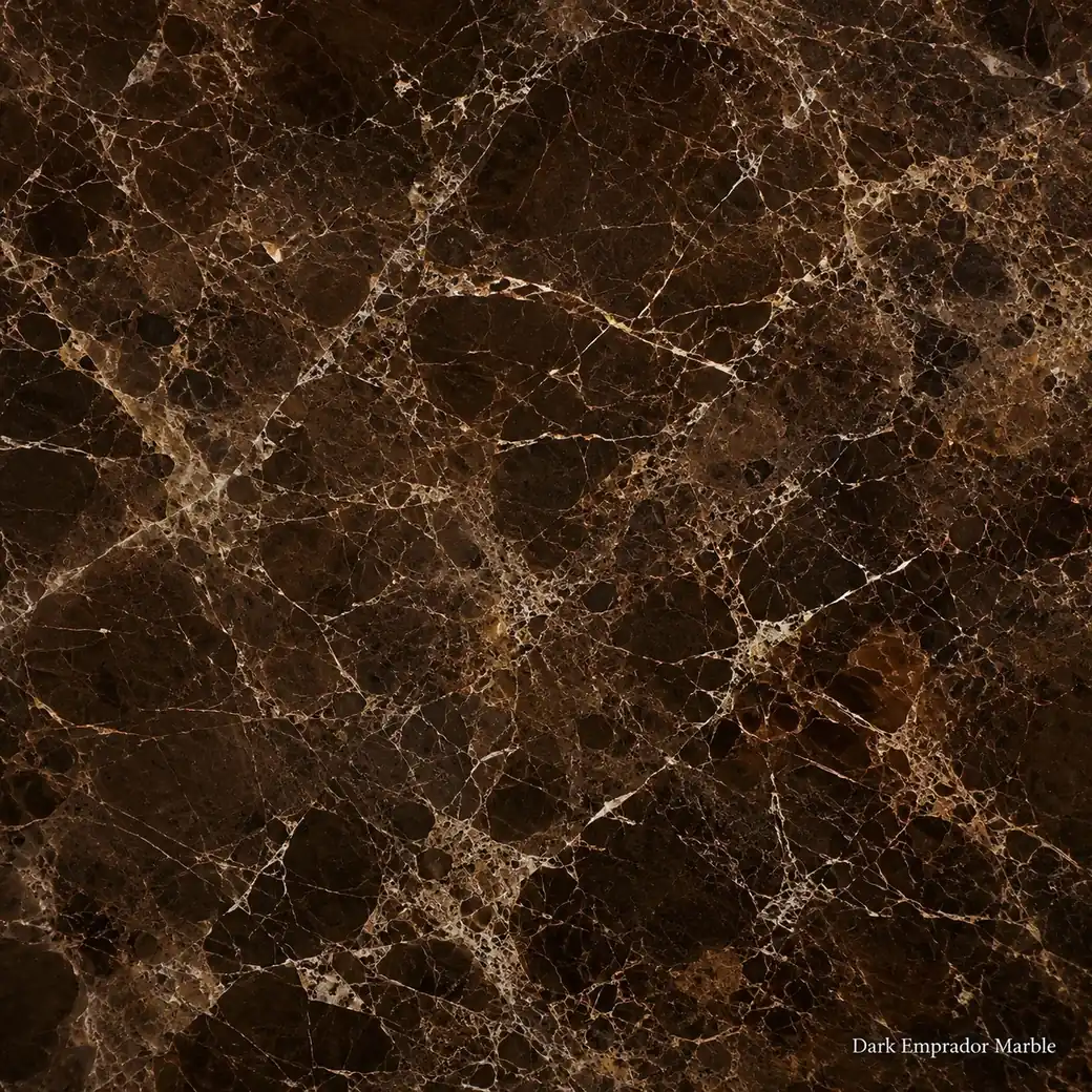 Dark Emprador Marble with rich chocolate brown stone, pale calcite webbing, beige veins and deep polished mineral depth.