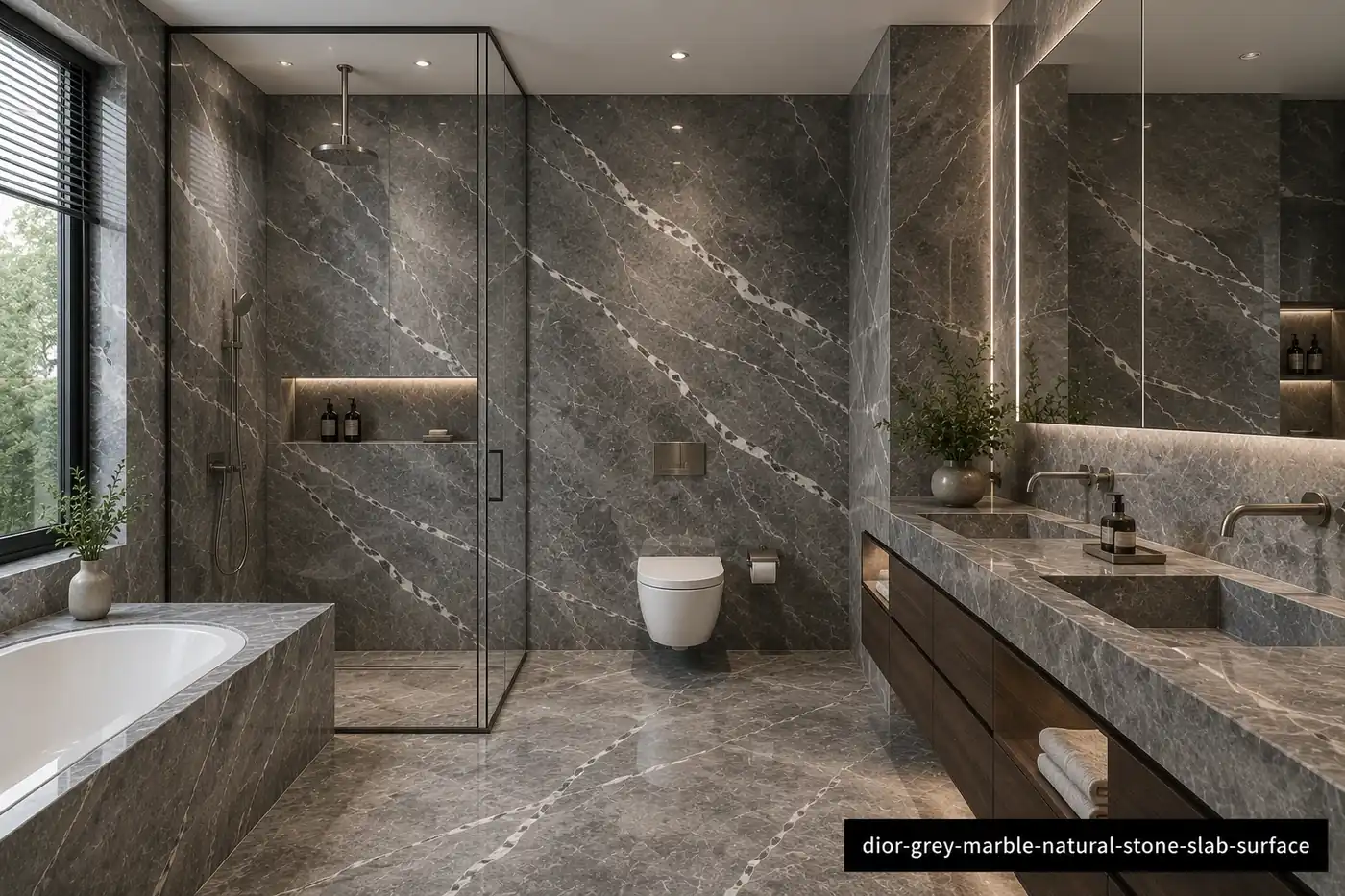 Refined white vein movement across a bathroom shower, floating vanity, bathtub surround and flooring with smoky grey tones.