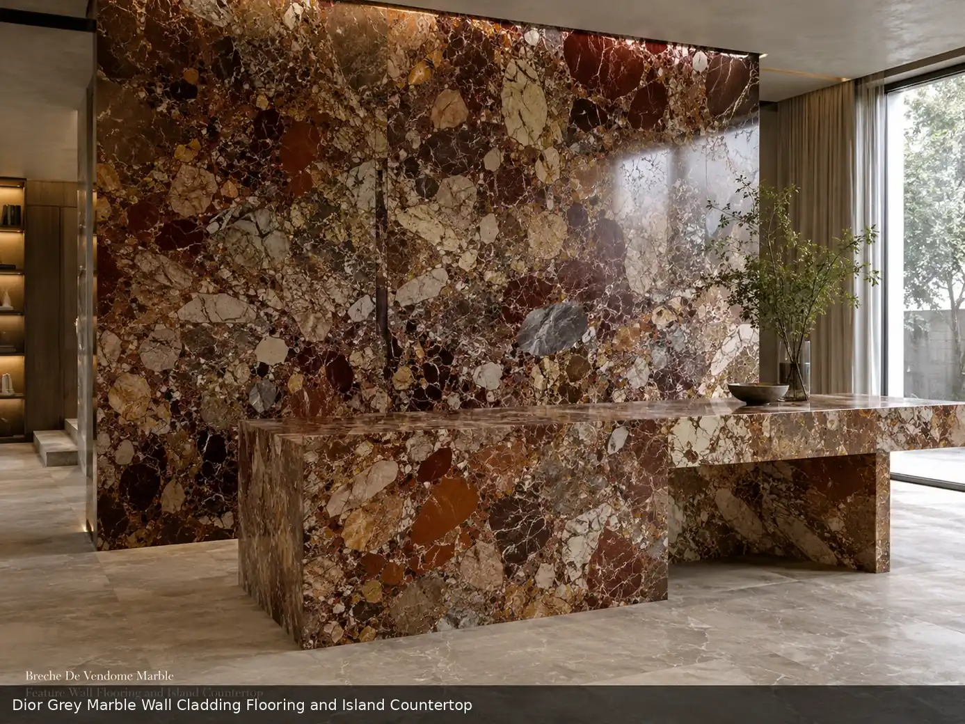soft smoky decorative surface used across wall cladding, flooring and an island countertop, with authentic slab variation.