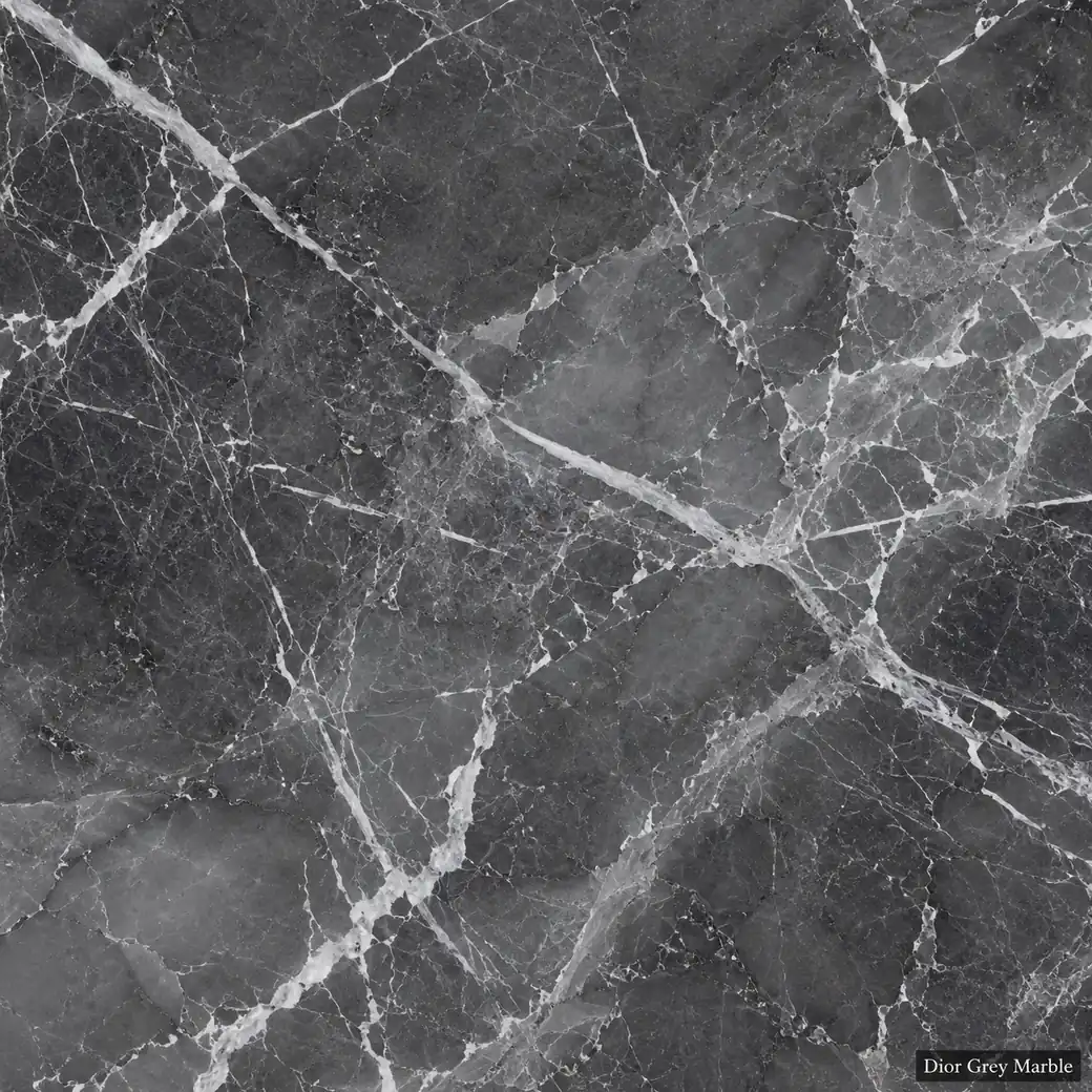 Dior Grey Marble with couture inspired grey stone, crisp white veins, smoky charcoal clouds and a refined polished finish.