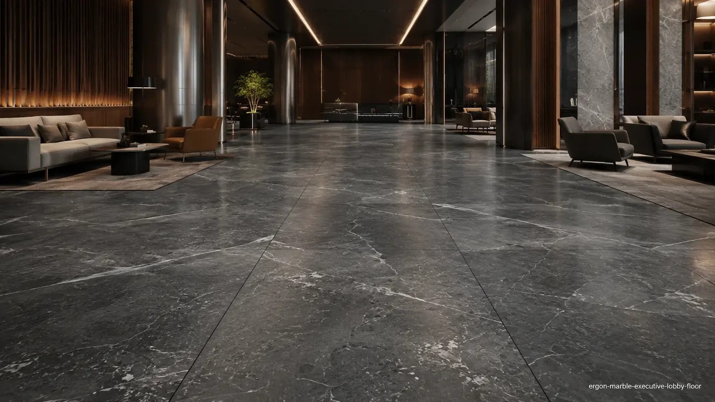 Ergon Marble executive lobby floor with honed graphite slabs and disciplined white and silver linear veins.