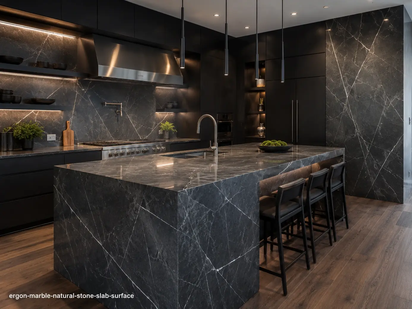 Bold contemporary slab on a waterfall kitchen island, full-height backsplash and wall panels with crisp white linear veining.