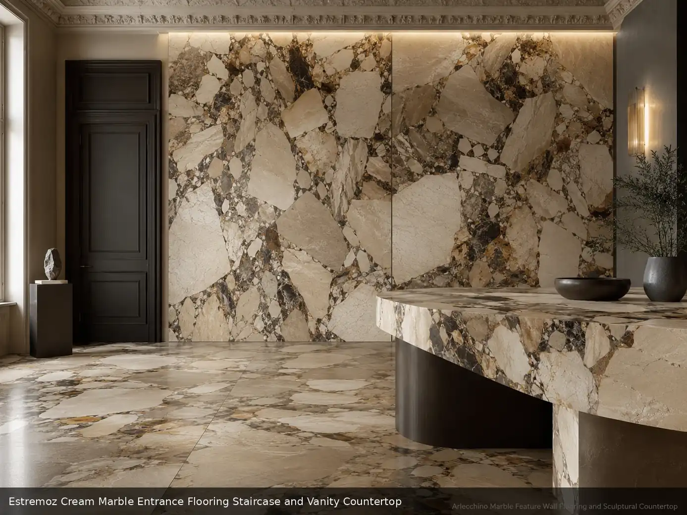 graceful interior feature surface across entrance flooring, a staircase and a vanity countertop, with natural slab variation.