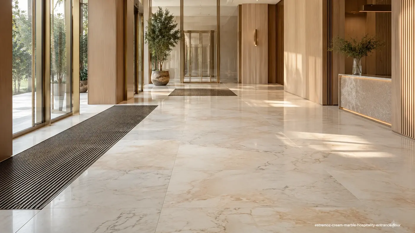 Estremoz Cream Marble hospitality entrance floor with pale cream slabs, blush clouds and subtle grey veining.