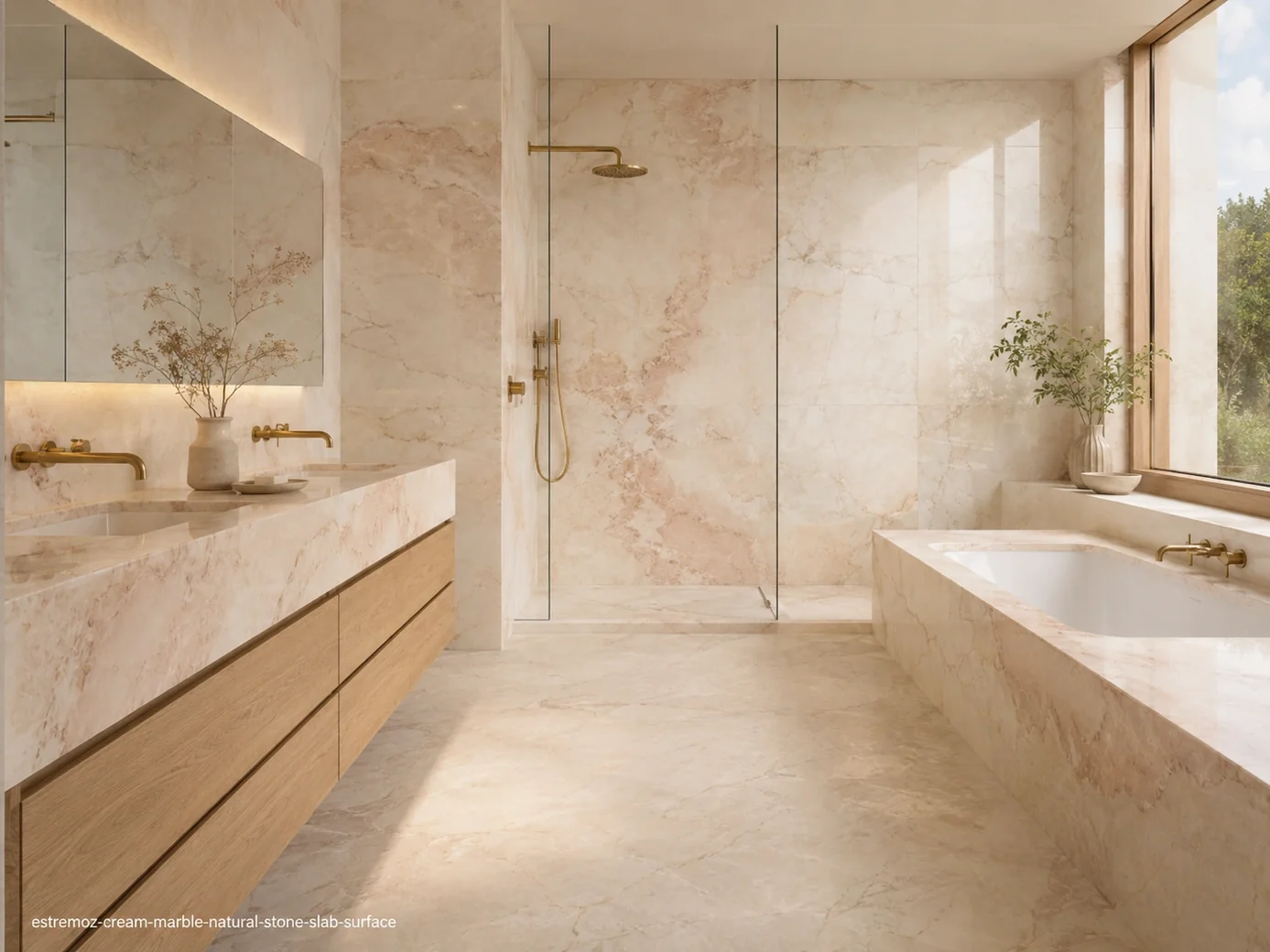 Luminous fine grained slab across a bathroom vanity, shower, bathtub surround and flooring with warm ivory and blush tones.