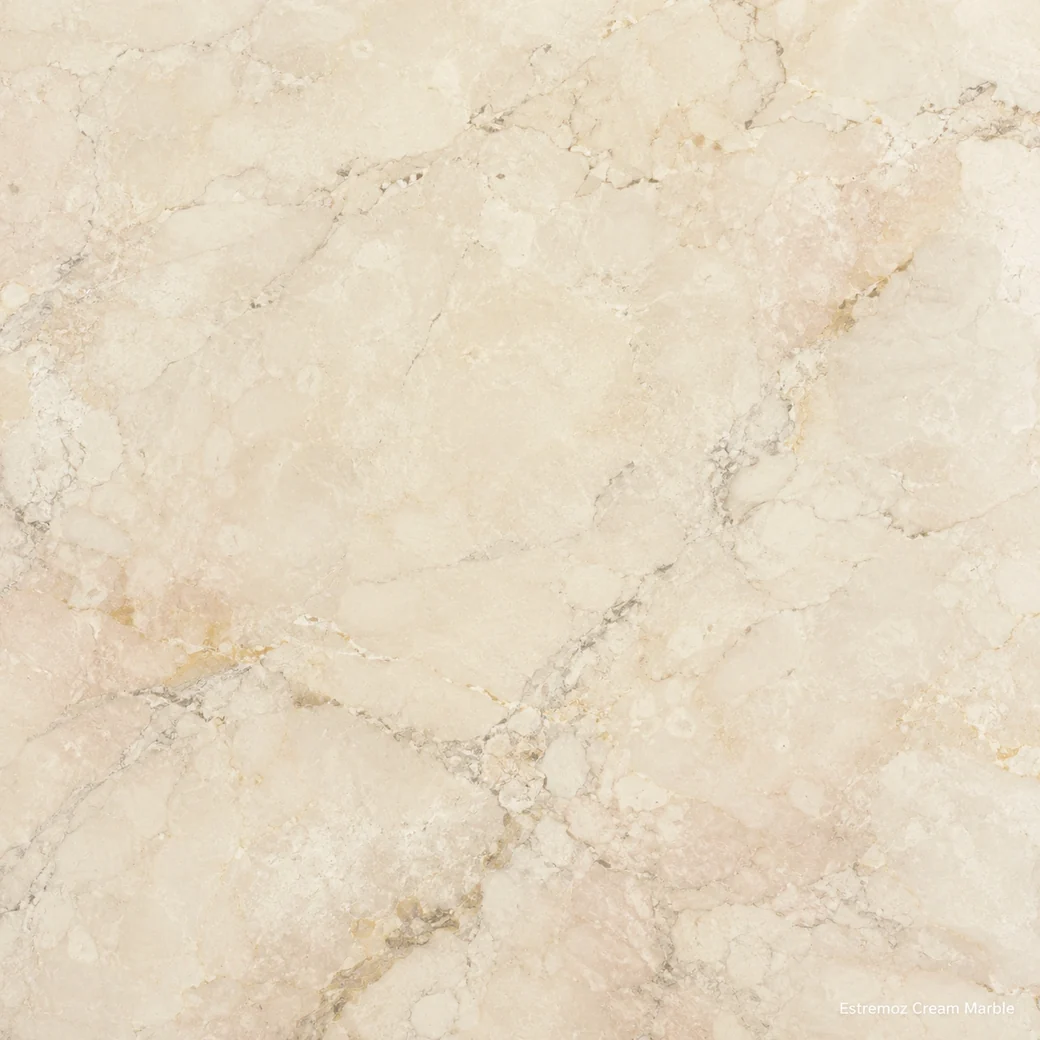 Estremoz Cream Marble with pale Portuguese cream stone, blush-beige clouds, grey veins and a soft luminous polished finish.