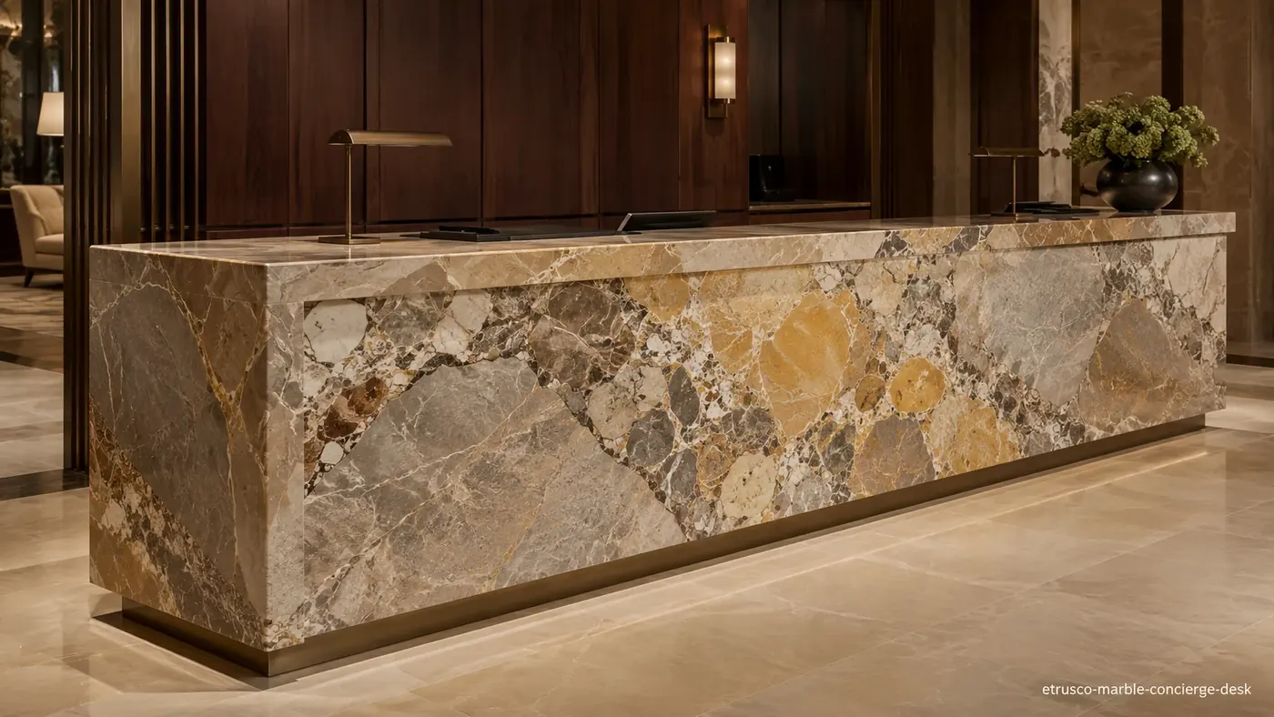 Etrusco Marble concierge desk with pearl-grey, ochre and golden brecciated stone across an angular front.
