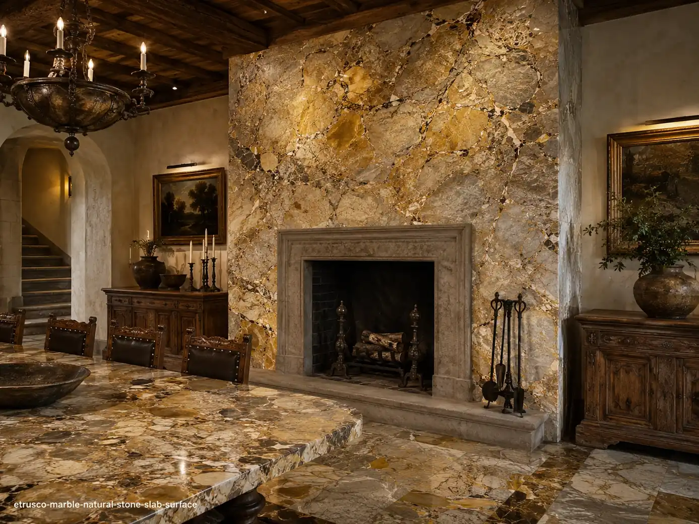 Rich Tuscan mineral surface on dining room fireplace wall, table and floor inlays with pearl grey, ochre and golden breccia.